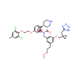 COCCCc1cc(CN(C(=O)[C@H]2CNCC[C@@H]2c2ccc(OCCOc3c(Cl)cc(C)cc3Cl)cc2)C2CC2)cc(OCC2(Cc3nnn[nH]3)CC2)c1 ZINC000095548041