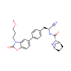 COCCCn1c(=O)oc2ccc(-c3ccc(C[C@@H](C#N)NC(=O)[C@H]4N[C@@H]5CC[C@H]4C5)cc3)cc21 ZINC000149967458