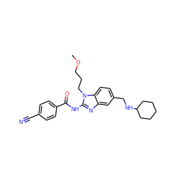 COCCCn1c(NC(=O)c2ccc(C#N)cc2)nc2cc(CNC3CCCCC3)ccc21 ZINC000045497992