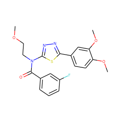 COCCN(C(=O)c1cccc(F)c1)c1nnc(-c2ccc(OC)c(OC)c2)s1 ZINC000095562589