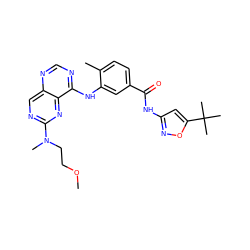 COCCN(C)c1ncc2ncnc(Nc3cc(C(=O)Nc4cc(C(C)(C)C)on4)ccc3C)c2n1 ZINC000148311714