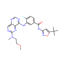 COCCN(C)c1ncc2ncnc(Nc3cc(C(=O)Nc4cc(C(C)(C)C)on4)ccc3F)c2n1 ZINC000148089363