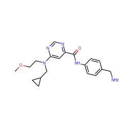 COCCN(CC1CC1)c1cc(C(=O)Nc2ccc(CN)cc2)ncn1 ZINC000145023743