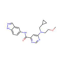 COCCN(CC1CC1)c1cc(C(=O)Nc2ccc3[nH]ncc3c2)ncn1 ZINC000144649457