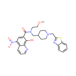 COCCN(CC1CCN(Cc2nc3ccccc3s2)CC1)C(=O)c1cc([N+](=O)[O-])c2cccnc2c1O ZINC000473097883