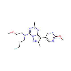 COCCN(CCCF)c1nc(C)nc2c(-c3cnc(OC)nc3)c(C)nn12 ZINC000071329556