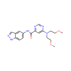 COCCN(CCOC)c1cc(C(=O)Nc2ccc3[nH]ncc3c2)ncn1 ZINC000141204781