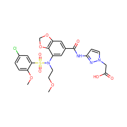 COCCN(c1cc(C(=O)Nc2ccn(CC(=O)O)n2)cc2c1OCO2)S(=O)(=O)c1cc(Cl)ccc1OC ZINC000299855816