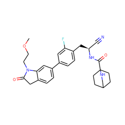 COCCN1C(=O)Cc2ccc(-c3ccc(C[C@@H](C#N)NC(=O)C45CCC(CC4)CN5)c(F)c3)cc21 ZINC000169710030