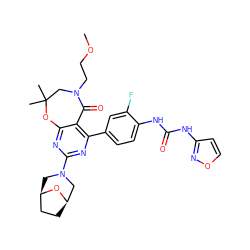 COCCN1CC(C)(C)Oc2nc(N3C[C@@H]4CC[C@H](C3)O4)nc(-c3ccc(NC(=O)Nc4ccon4)c(F)c3)c2C1=O ZINC000142190013