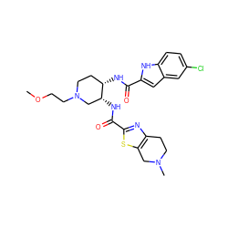 COCCN1CC[C@H](NC(=O)c2cc3cc(Cl)ccc3[nH]2)[C@H](NC(=O)c2nc3c(s2)CN(C)CC3)C1 ZINC000029129061