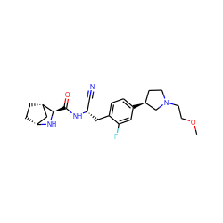 COCCN1CC[C@H](c2ccc(C[C@@H](C#N)NC(=O)[C@H]3N[C@@H]4CC[C@H]3C4)c(F)c2)C1 ZINC000219322845