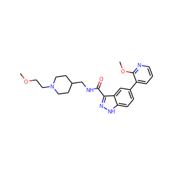 COCCN1CCC(CNC(=O)c2n[nH]c3ccc(-c4cccnc4OC)cc23)CC1 ZINC000205786021