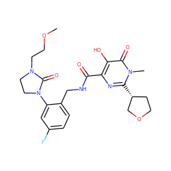 COCCN1CCN(c2cc(F)ccc2CNC(=O)c2nc([C@@H]3CCOC3)n(C)c(=O)c2O)C1=O ZINC000198797112