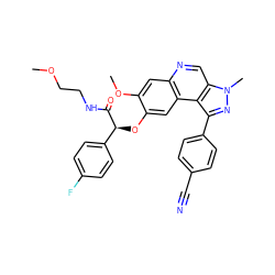 COCCNC(=O)[C@@H](Oc1cc2c(cc1OC)ncc1c2c(-c2ccc(C#N)cc2)nn1C)c1ccc(F)cc1 ZINC000139666998