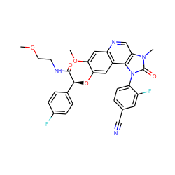 COCCNC(=O)[C@@H](Oc1cc2c(cc1OC)ncc1c2n(-c2ccc(C#N)cc2F)c(=O)n1C)c1ccc(F)cc1 ZINC000113412831