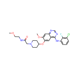 COCCNC(=O)CN1CCC(Oc2cc3c(Nc4cccc(Cl)c4F)ncnc3cc2OC)CC1 ZINC000034534932
