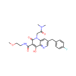 COCCNC(=O)c1c(O)c2ncc(Cc3ccc(F)cc3)cc2n(CC(=O)N(C)C)c1=O ZINC000144470360