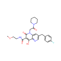 COCCNC(=O)c1c(O)c2ncc(Cc3ccc(F)cc3)cc2n(CC(=O)N2CCCCC2)c1=O ZINC000148567271