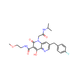 COCCNC(=O)c1c(O)c2ncc(Cc3ccc(F)cc3)cc2n(CC(=O)NC(C)C)c1=O ZINC000150258647