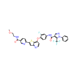 COCCNC(=O)c1ccc(-c2cc3nccc(Oc4ccc(NC(=O)c5cnn(-c6ccccc6)c5C(F)(F)F)cc4F)c3s2)nc1 ZINC000049784012