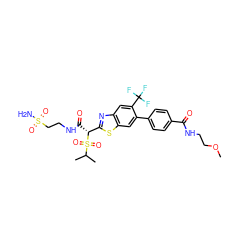 COCCNC(=O)c1ccc(-c2cc3sc([C@@H](C(=O)NCCS(N)(=O)=O)S(=O)(=O)C(C)C)nc3cc2C(F)(F)F)cc1 ZINC000222077247