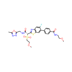 COCCNC(=O)c1ccc(-c2cc3sc([C@@H](C(=O)NCc4nnc(C)o4)S(=O)(=O)CCOC)nc3cc2F)cc1 ZINC000144023983