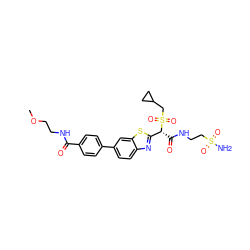 COCCNC(=O)c1ccc(-c2ccc3nc([C@@H](C(=O)NCCS(N)(=O)=O)S(=O)(=O)CC4CC4)sc3c2)cc1 ZINC000146068897