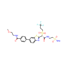 COCCNC(=O)c1ccc(-c2ccc3nc([C@@H](C(=O)NCCS(N)(=O)=O)S(=O)(=O)CCC(F)(F)F)sc3c2)cc1 ZINC000221985048