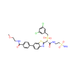 COCCNC(=O)c1ccc(-c2ccc3nc([C@@H](C(=O)NCCS(N)(=O)=O)S(=O)(=O)Cc4cc(Cl)cc(Cl)c4)sc3c2)cc1 ZINC000222117581