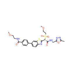 COCCNC(=O)c1ccc(-c2ccc3nc([C@@H](C(=O)NCc4nnc(C)o4)S(=O)(=O)CCOC)sc3c2)cc1 ZINC000145505068