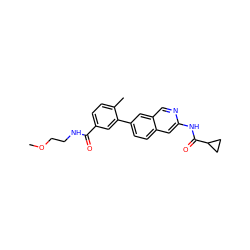 COCCNC(=O)c1ccc(C)c(-c2ccc3cc(NC(=O)C4CC4)ncc3c2)c1 ZINC000144291487