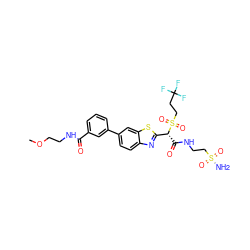 COCCNC(=O)c1cccc(-c2ccc3nc([C@@H](C(=O)NCCS(N)(=O)=O)S(=O)(=O)CCC(F)(F)F)sc3c2)c1 ZINC000221946576