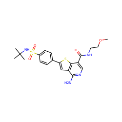 COCCNC(=O)c1cnc(N)c2cc(-c3ccc(S(=O)(=O)NC(C)(C)C)cc3)sc12 ZINC000073222693