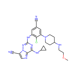 COCCNC1CCN(c2cc(C#N)cc(Nc3nc(NC4CC4)c4ncc(C#N)n4n3)c2Cl)CC1 ZINC000169711910