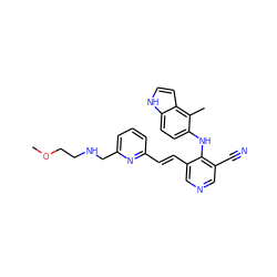 COCCNCc1cccc(/C=C/c2cncc(C#N)c2Nc2ccc3[nH]ccc3c2C)n1 ZINC000049070617