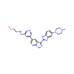 COCCNCc1cncc(-c2cnc3[nH]nc(-c4nc5cc(N6CCN(C)CC6)ccc5[nH]4)c3c2)c1 ZINC000072176614