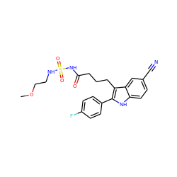 COCCNS(=O)(=O)NC(=O)CCCc1c(-c2ccc(F)cc2)[nH]c2ccc(C#N)cc12 ZINC000029041467