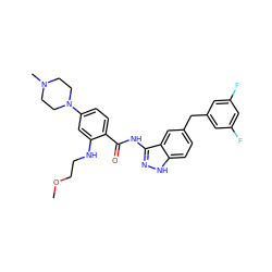 COCCNc1cc(N2CCN(C)CC2)ccc1C(=O)Nc1n[nH]c2ccc(Cc3cc(F)cc(F)c3)cc12 ZINC000043204148