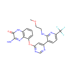 COCCNc1nc(C(F)(F)F)ccc1-c1cc(Oc2cccc3[nH]c(=O)c(N)nc23)ncn1 ZINC000040395173