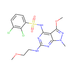 COCCNc1nc(NS(=O)(=O)c2cccc(Cl)c2Cl)c2c(OC)nn(C)c2n1 ZINC001772582394