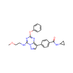 COCCNc1nc(Oc2ccccc2)nc2c(-c3ccc(C(=O)NC4CC4)cc3)cnn12 ZINC000221945780