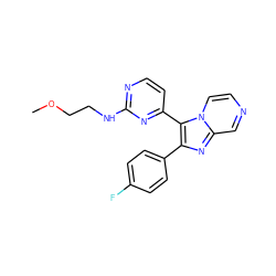 COCCNc1nccc(-c2c(-c3ccc(F)cc3)nc3cnccn23)n1 ZINC000063540183