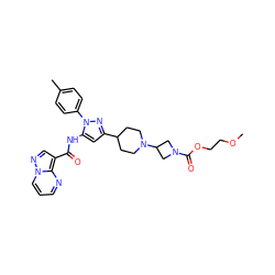 COCCOC(=O)N1CC(N2CCC(c3cc(NC(=O)c4cnn5cccnc45)n(-c4ccc(C)cc4)n3)CC2)C1 ZINC000142500001