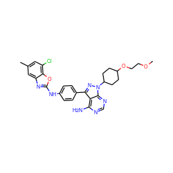 COCCOC1CCC(n2nc(-c3ccc(Nc4nc5cc(C)cc(Cl)c5o4)cc3)c3c(N)ncnc32)CC1 ZINC000063298126