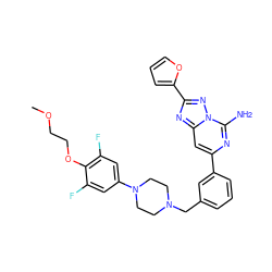 COCCOc1c(F)cc(N2CCN(Cc3cccc(-c4cc5nc(-c6ccco6)nn5c(N)n4)c3)CC2)cc1F ZINC000028103063