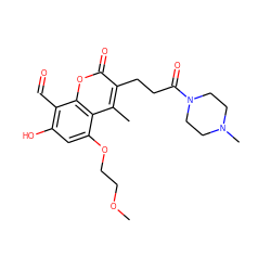 COCCOc1cc(O)c(C=O)c2oc(=O)c(CCC(=O)N3CCN(C)CC3)c(C)c12 ZINC000220406332