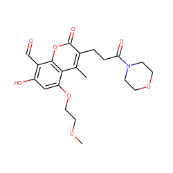 COCCOc1cc(O)c(C=O)c2oc(=O)c(CCC(=O)N3CCOCC3)c(C)c12 ZINC000220403867