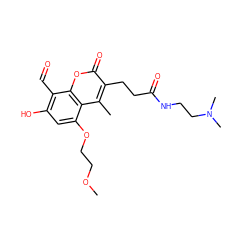 COCCOc1cc(O)c(C=O)c2oc(=O)c(CCC(=O)NCCN(C)C)c(C)c12 ZINC000166638411