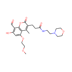 COCCOc1cc(O)c(C=O)c2oc(=O)c(CCC(=O)NCCN3CCOCC3)c(C)c12 ZINC000220418025